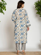 Yufta Blue And Off White Cotton Pakistani Style Kurta Dupatta Set | Grocsy