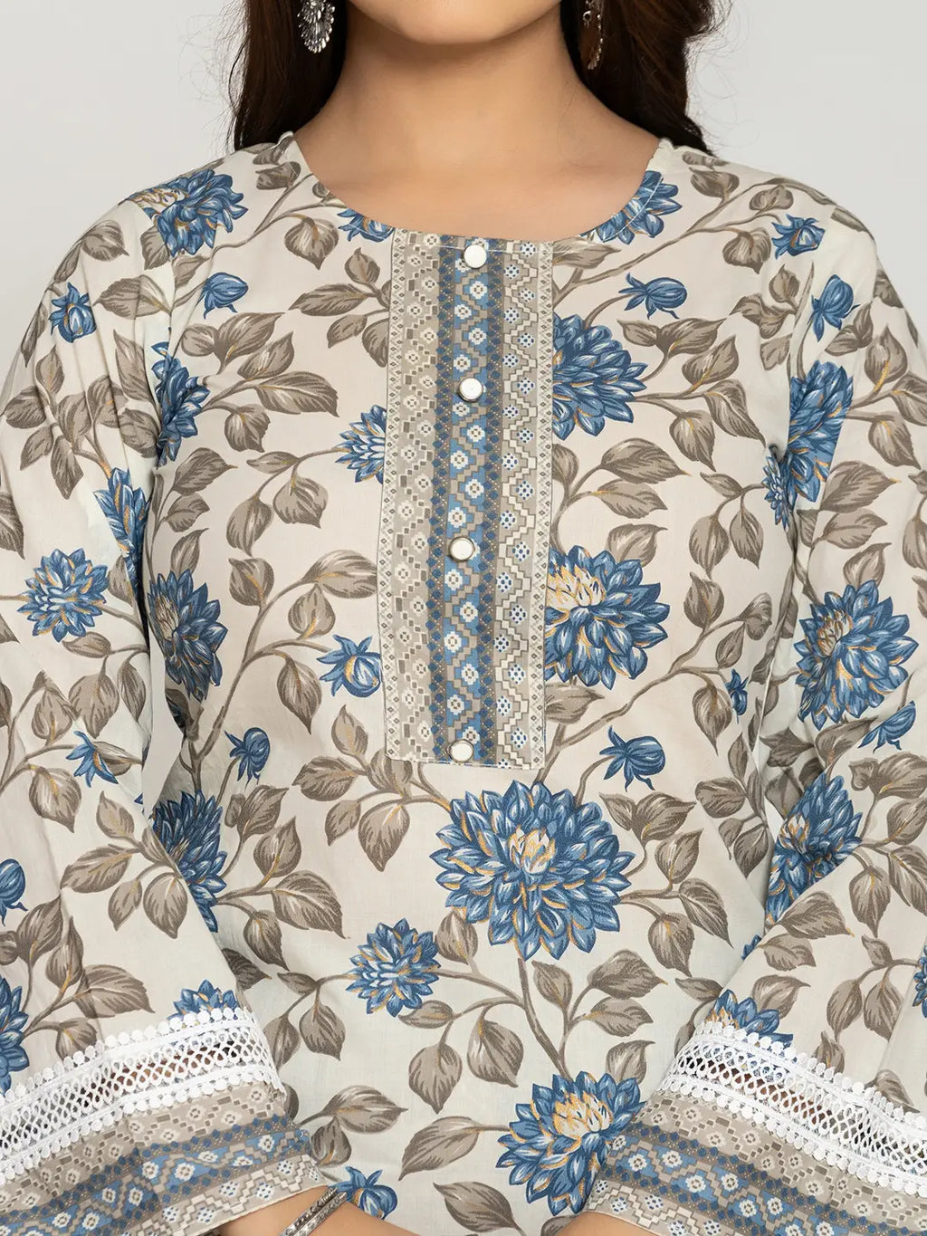 Yufta Blue And Off White Cotton Pakistani Style Kurta Dupatta Set | Grocsy