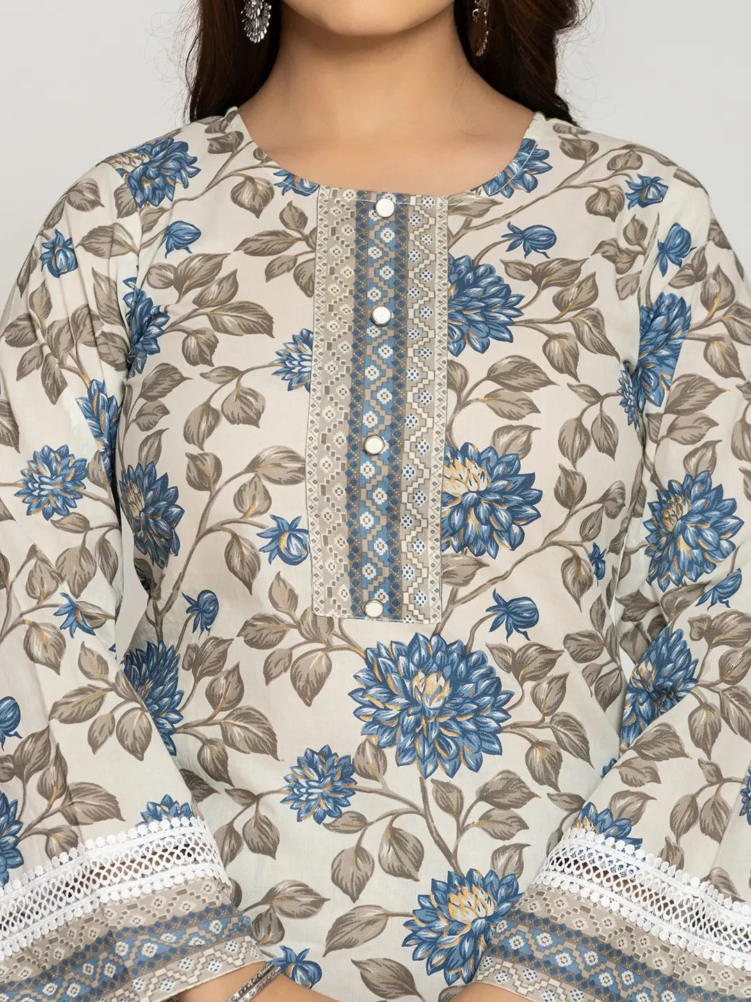 Yufta Blue And Off White Cotton Pakistani Style Kurta Dupatta Set | Grocsy