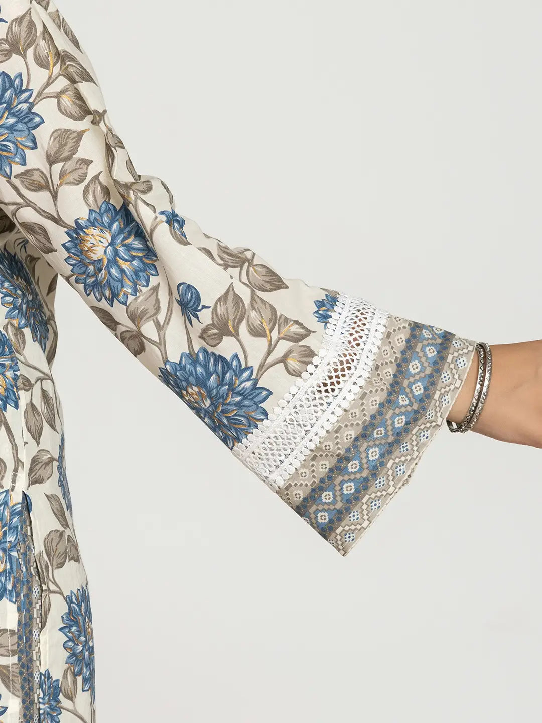 Yufta Blue And Off White Cotton Pakistani Style Kurta Dupatta Set | Grocsy