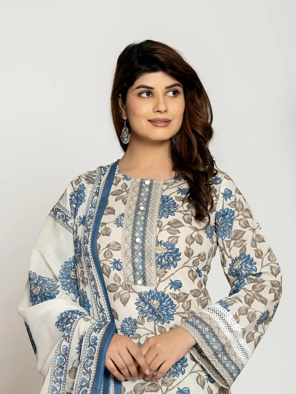 Yufta Blue And Off White Cotton Pakistani Style Kurta Dupatta Set | Grocsy