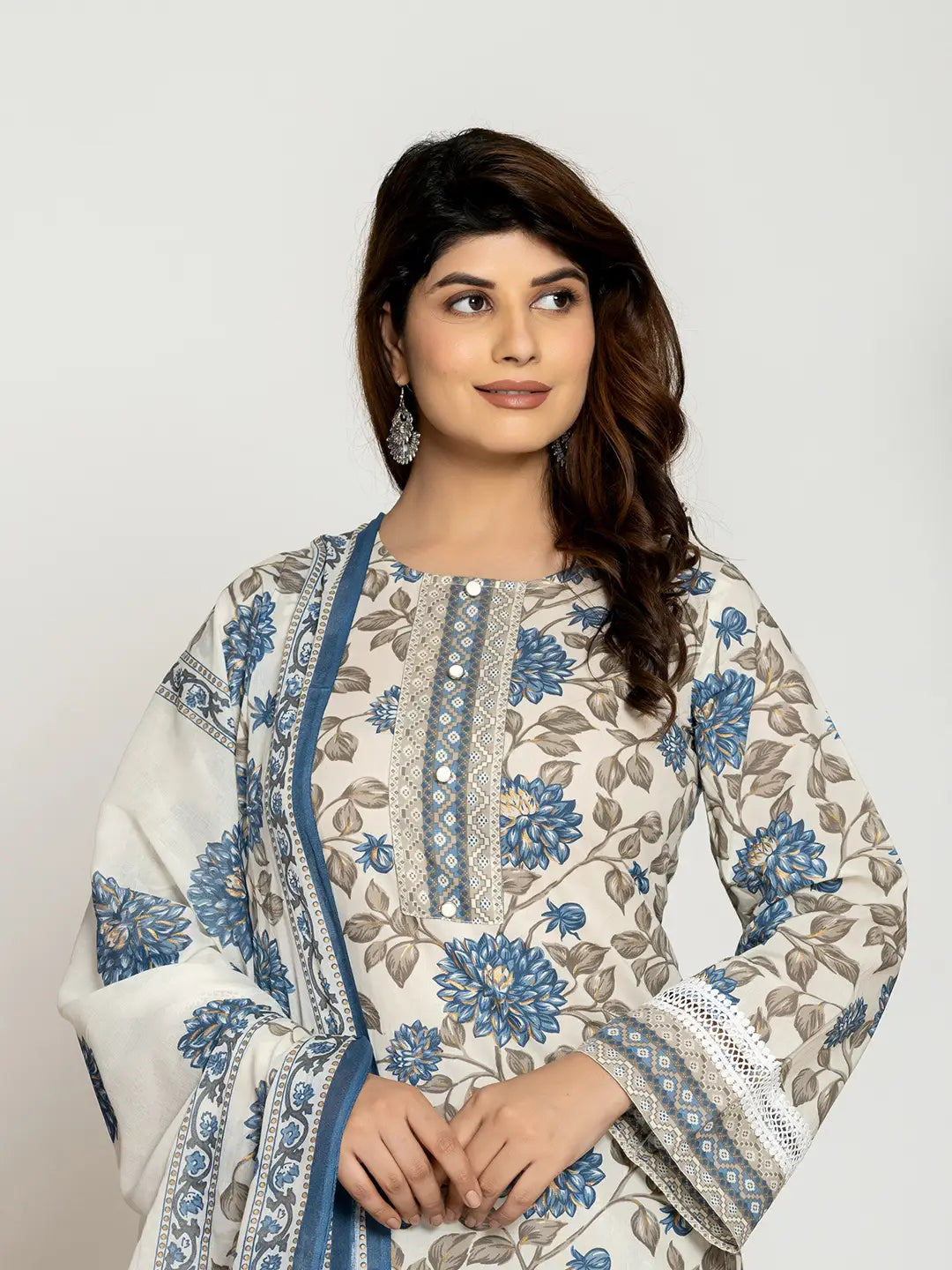 Yufta Blue And Off White Cotton Pakistani Style Kurta Dupatta Set | Grocsy