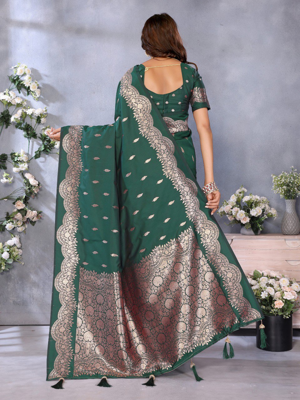 Anaita Dark Green Premium Banarasi Tissue Silk Saree With Gala Weaving Work | Grocsy