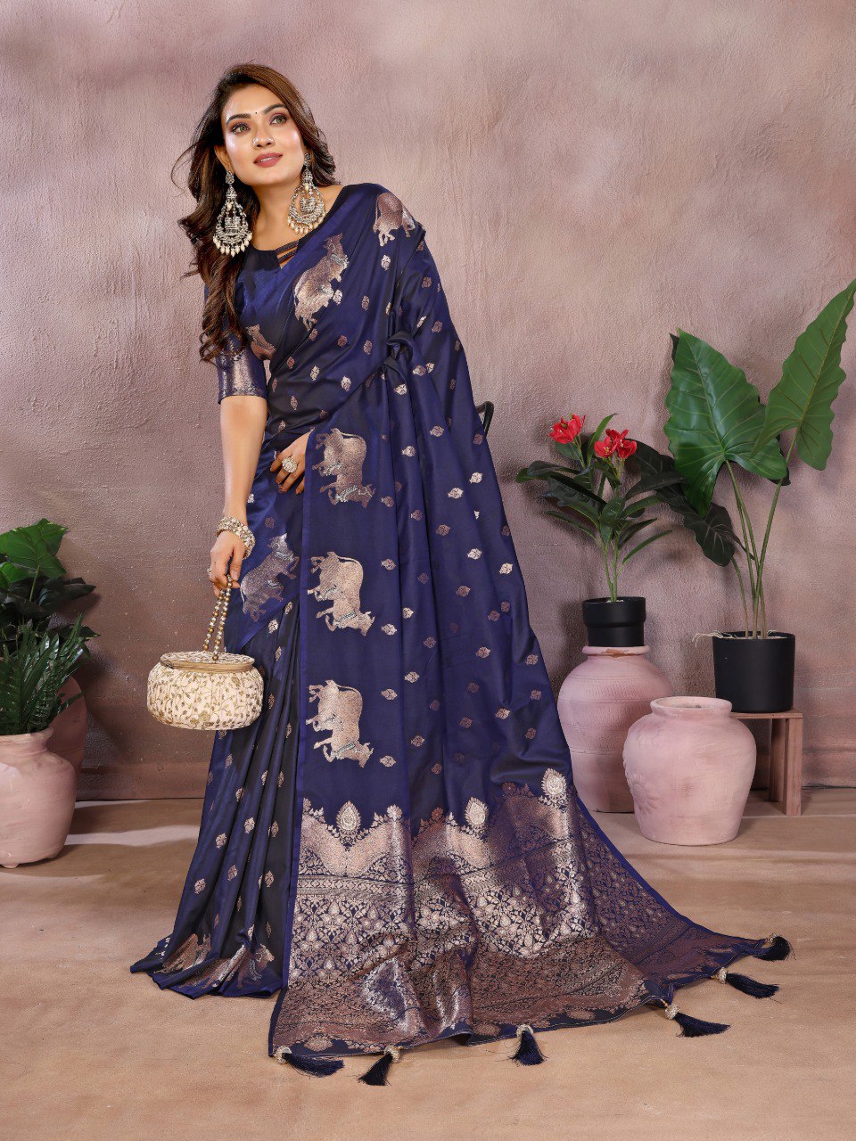 Anaita Dark Navy Blue Premium Banarasi Tissue Silk Saree With Gala Weaving Work | Grocsy