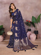 Anaita Dark Navy Blue Premium Banarasi Tissue Silk Saree With Gala Weaving Work | Grocsy