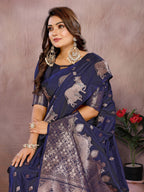 Anaita Dark Navy Blue Premium Banarasi Tissue Silk Saree With Gala Weaving Work | Grocsy