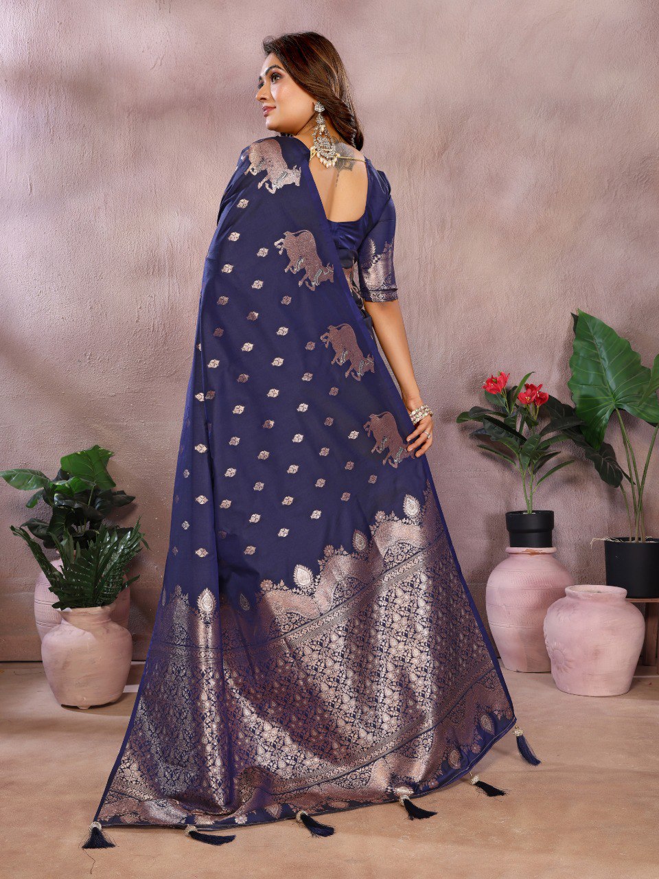 Anaita Dark Navy Blue Premium Banarasi Tissue Silk Saree With Gala Weaving Work | Grocsy
