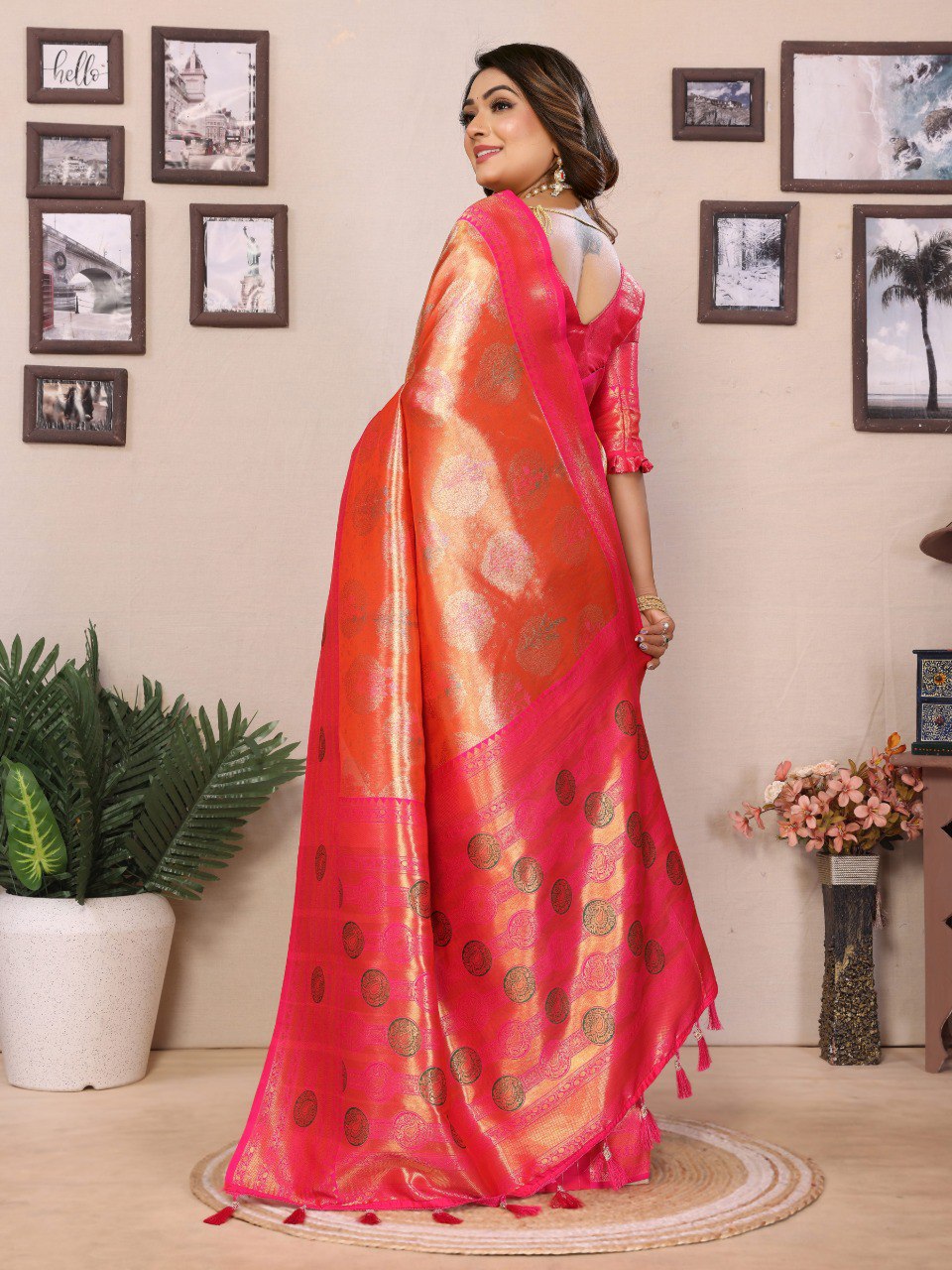 Anaita Orange Banarasi Tissue Silk Saree With Weaving Work | Grocsy