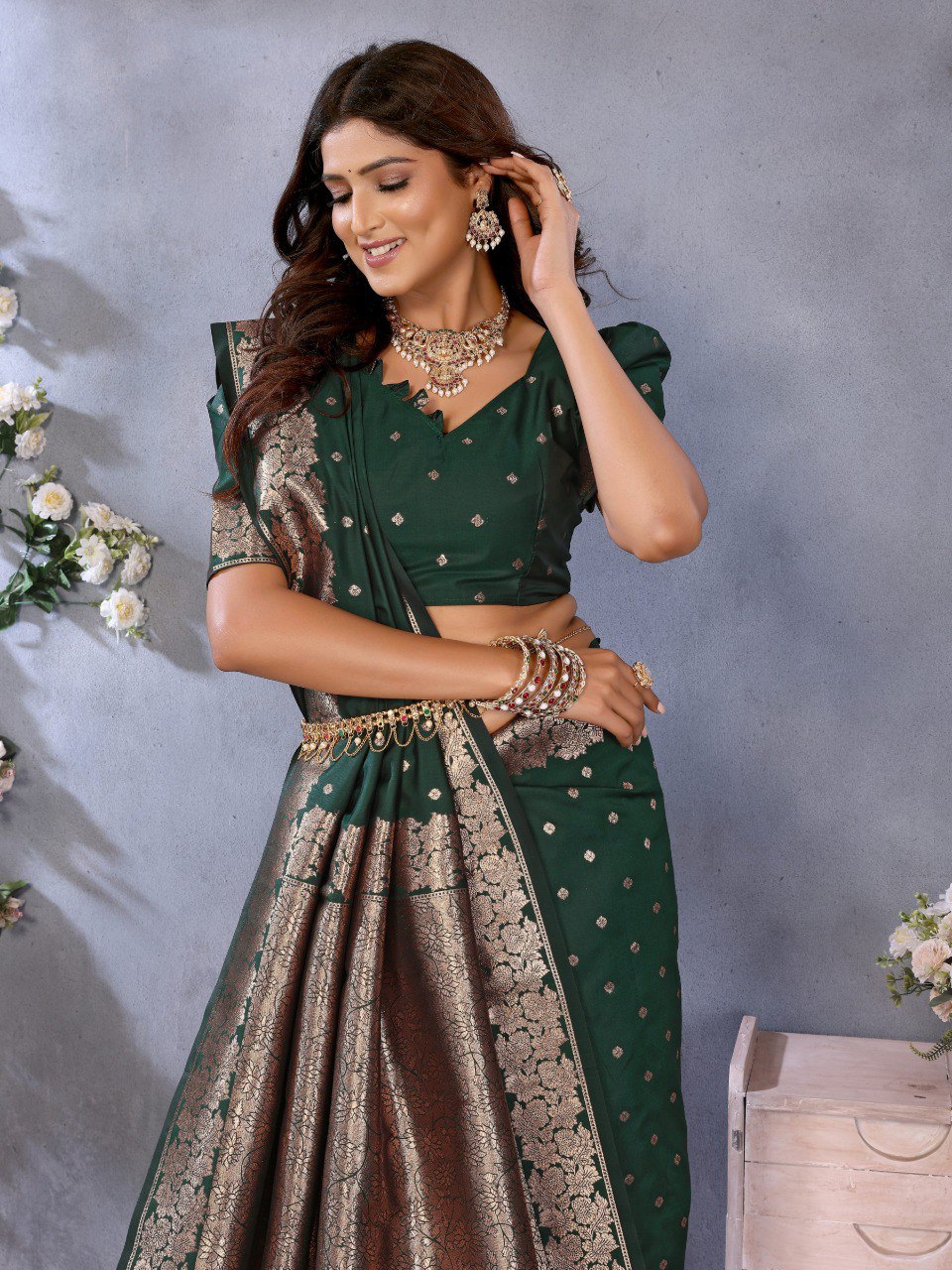 Anaita Dark Green Premium Banarasi Tissue Silk Saree With Gala Weaving Work | Grocsy