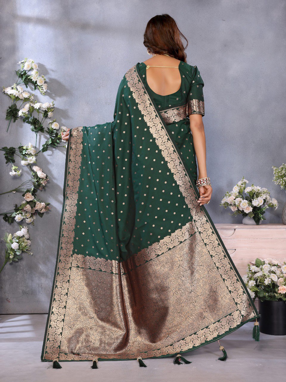Anaita Dark Green Premium Banarasi Tissue Silk Saree With Gala Weaving Work | Grocsy