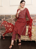 Sangria Maroon Ethnic Motifs Printed Mirror Work Pure Cotton Kurta with Trousers & Dupatta | Grocsy