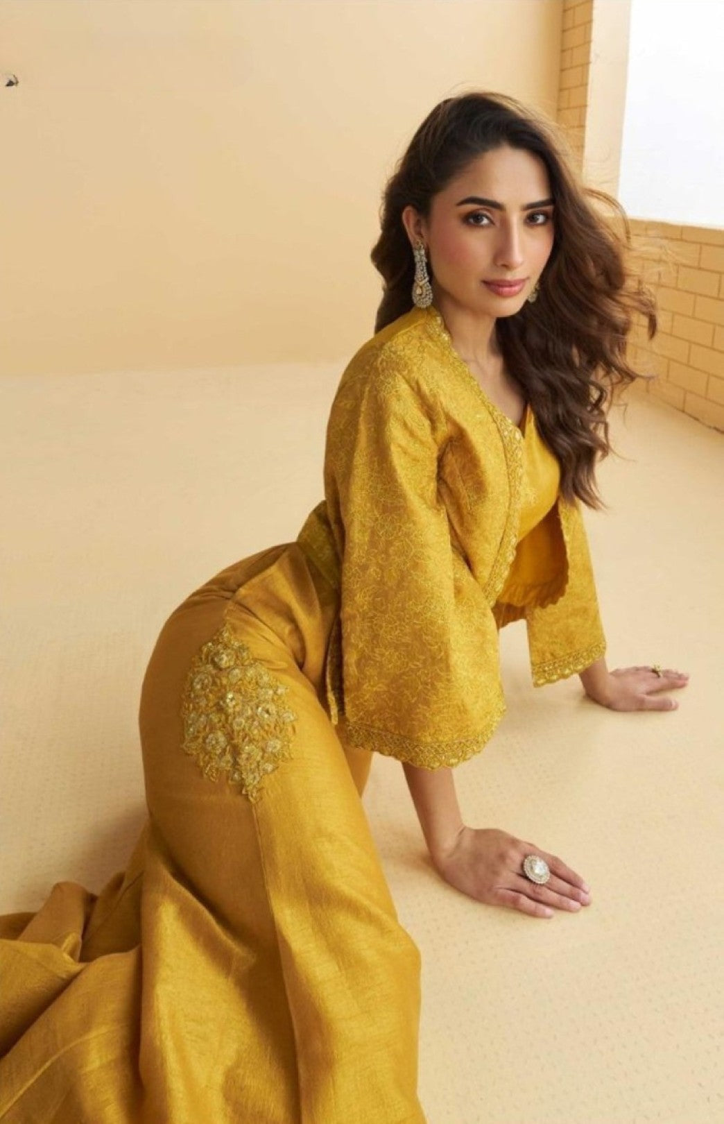 Anaita Mustard Silk Stitched Suit With Embroidery Work | Grocsy