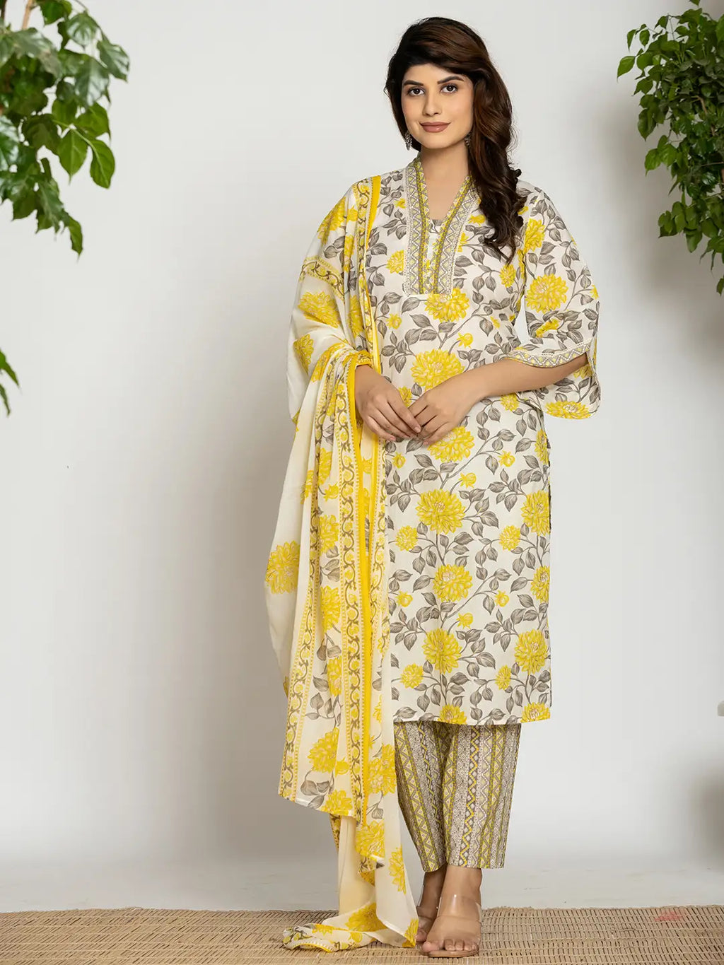 Yufta Yellow And Off White Cotton Pakistani Style Kurta Dupatta Set | Grocsy