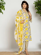 Yufta Yellow And Off White Cotton Pakistani Style Kurta Dupatta Set | Grocsy