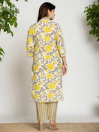 Yufta Yellow And Off White Cotton Pakistani Style Kurta Dupatta Set | Grocsy