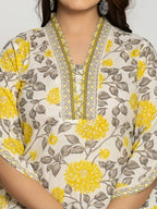 Yufta Yellow And Off White Cotton Pakistani Style Kurta Dupatta Set | Grocsy