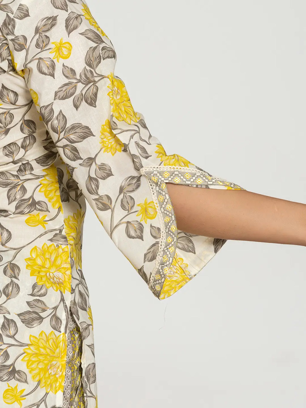 Yufta Yellow And Off White Cotton Pakistani Style Kurta Dupatta Set | Grocsy
