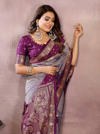 Anaita Lavender Handloom Kalamkari Silk Saree With Zari Woven Work | Grocsy