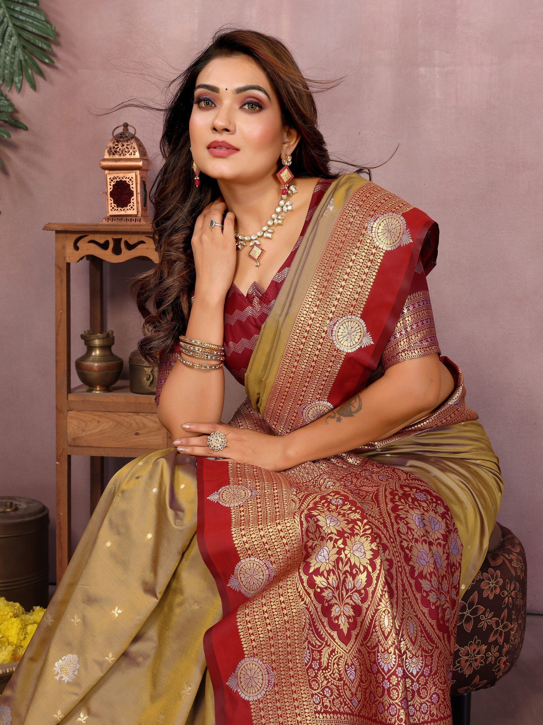 Anaita Gold Handloom Kalamkari Silk Saree With Zari Woven Work | Grocsy