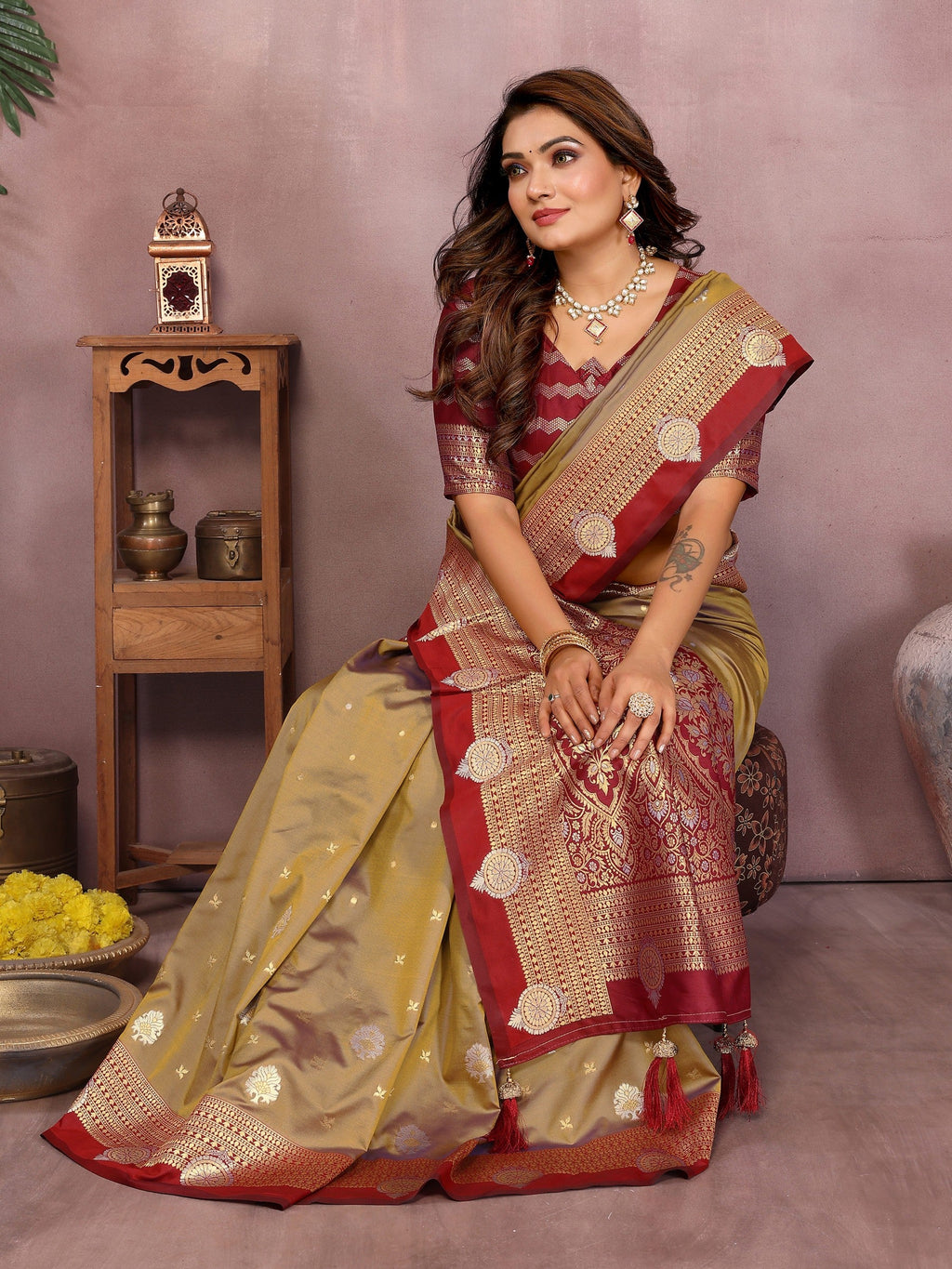 Anaita Gold Handloom Kalamkari Silk Saree With Zari Woven Work | Grocsy