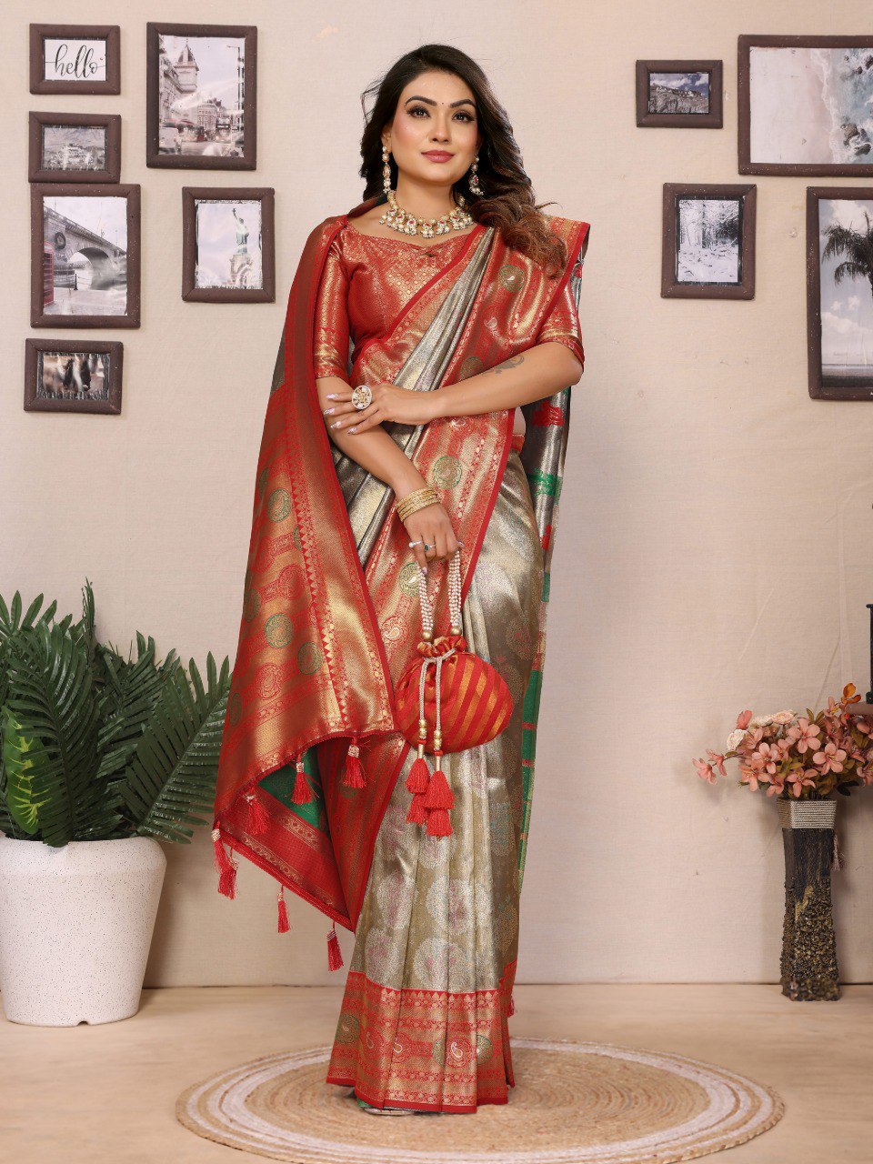 Anaita Sea Green Banarasi Tissue Silk Saree With Weaving Work | Grocsy