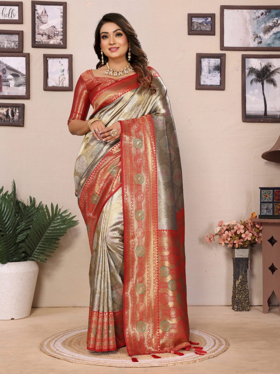 Anaita Sea Green Banarasi Tissue Silk Saree With Weaving Work | Grocsy