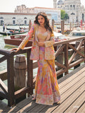 Anaita Peach Chinon Silk Unstitched 3 Piece Set With Embroidery Work | Grocsy