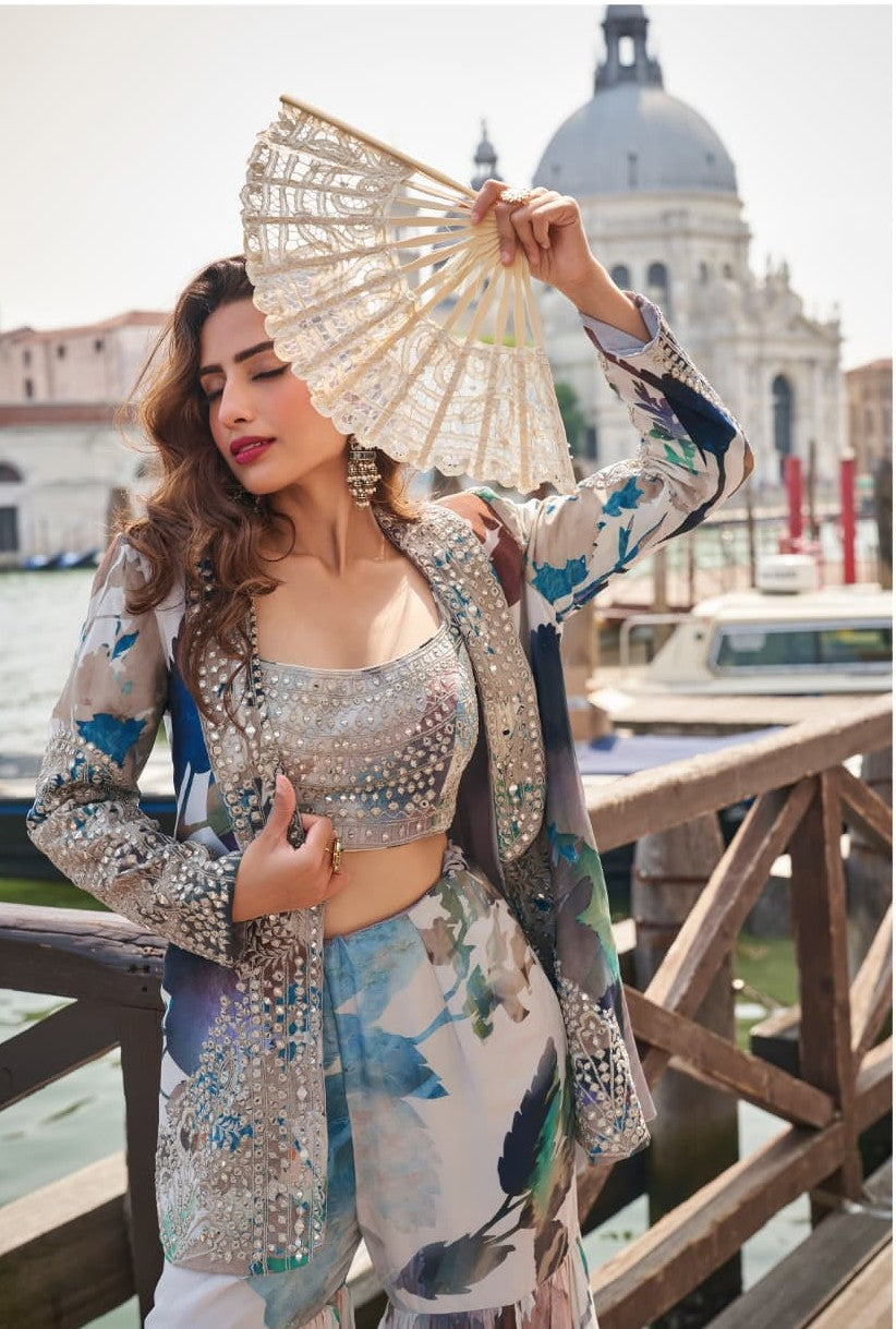 Anaita Navy Chinon Silk Stitched 3 Piece Set With Embroiderd Work | Grocsy