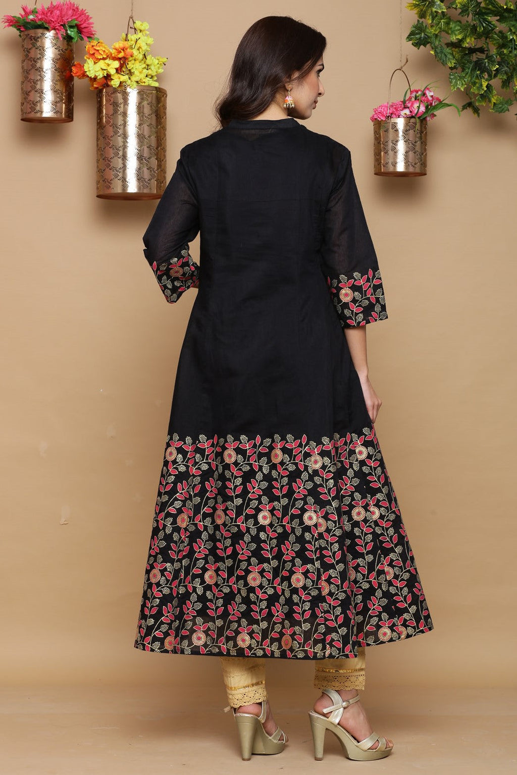 Juniper Women Black Chanderi Silk Printed Anarkali Kurta | Grocsy