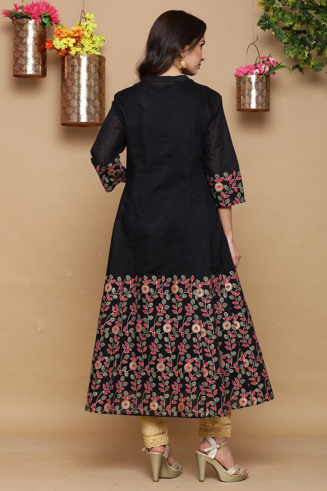 Juniper Women Black Chanderi Silk Printed Anarkali Kurta | Grocsy