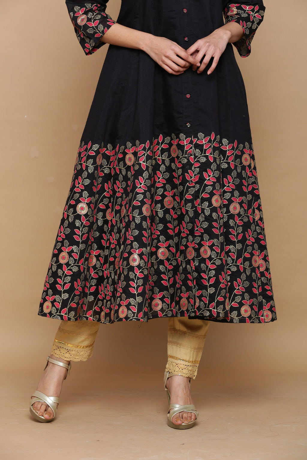 Juniper Women Black Chanderi Silk Printed Anarkali Kurta | Grocsy