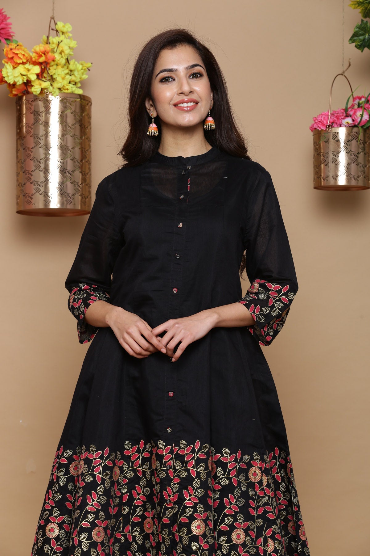 Juniper Women Black Chanderi Silk Printed Anarkali Kurta | Grocsy