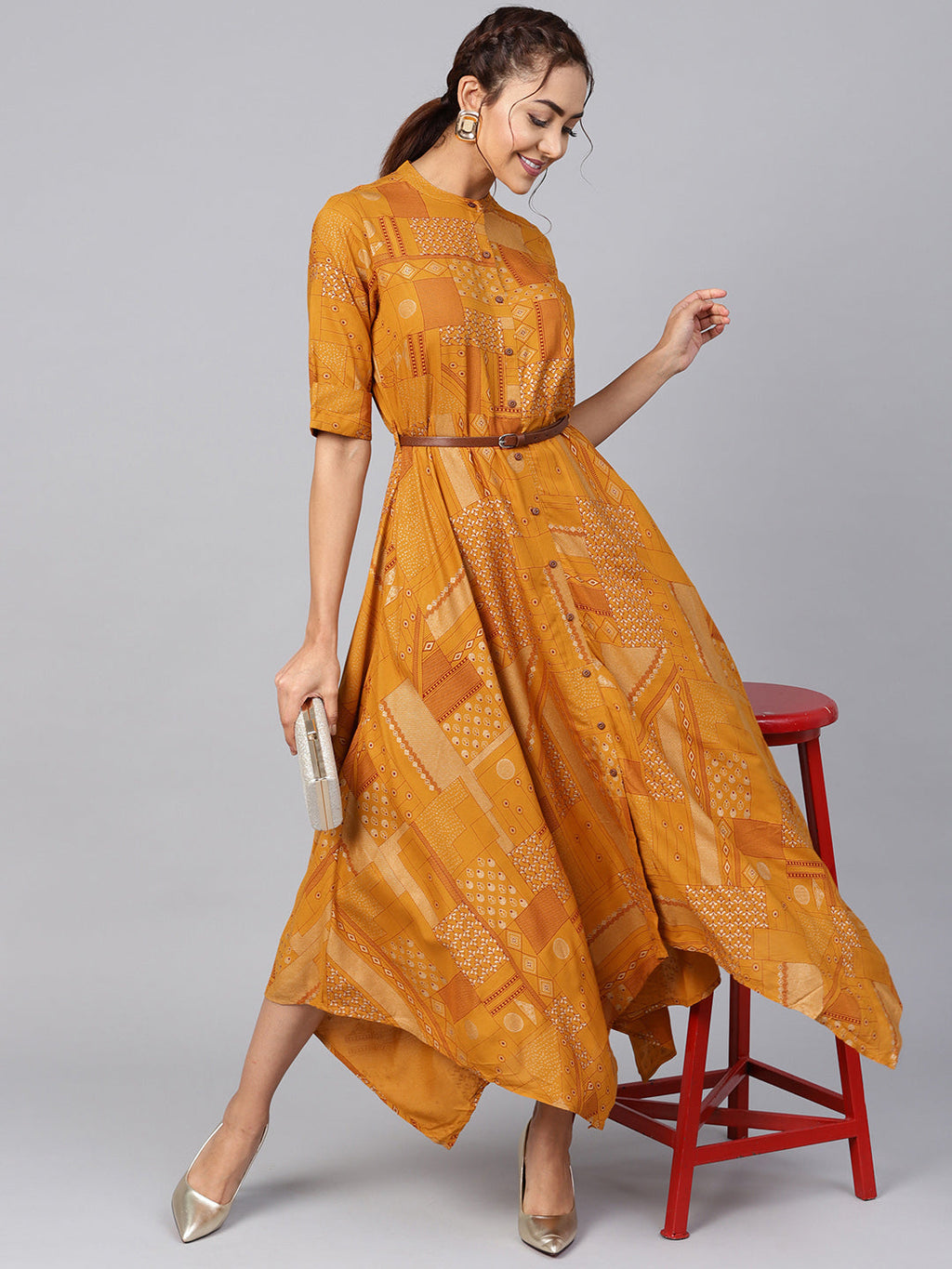 Juniper Womens Mustard Rayon Geometric Foil Printed Handkerchief Dress | Grocsy