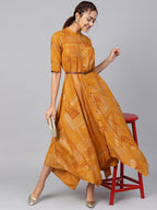 Juniper Womens Mustard Rayon Geometric Foil Printed Handkerchief Dress | Grocsy