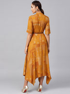Juniper Womens Mustard Rayon Geometric Foil Printed Handkerchief Dress | Grocsy