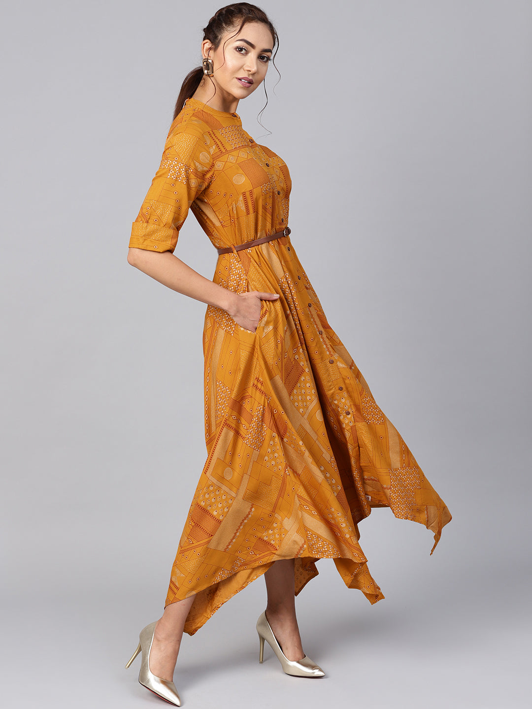 Juniper Womens Mustard Rayon Geometric Foil Printed Handkerchief Dress | Grocsy