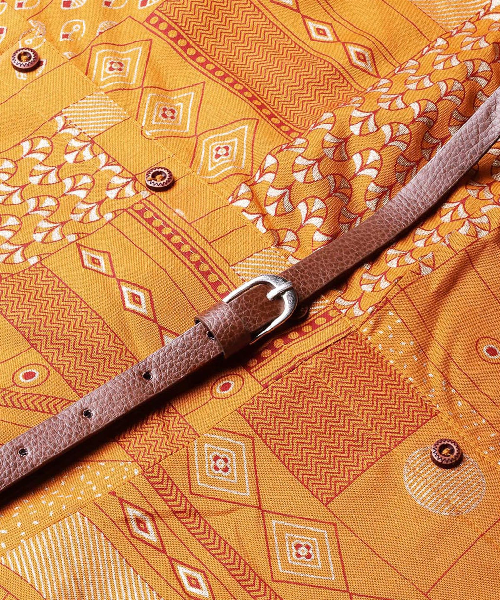 Juniper Womens Mustard Rayon Geometric Foil Printed Handkerchief Dress | Grocsy