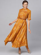 Juniper Womens Mustard Rayon Geometric Foil Printed Handkerchief Dress | Grocsy