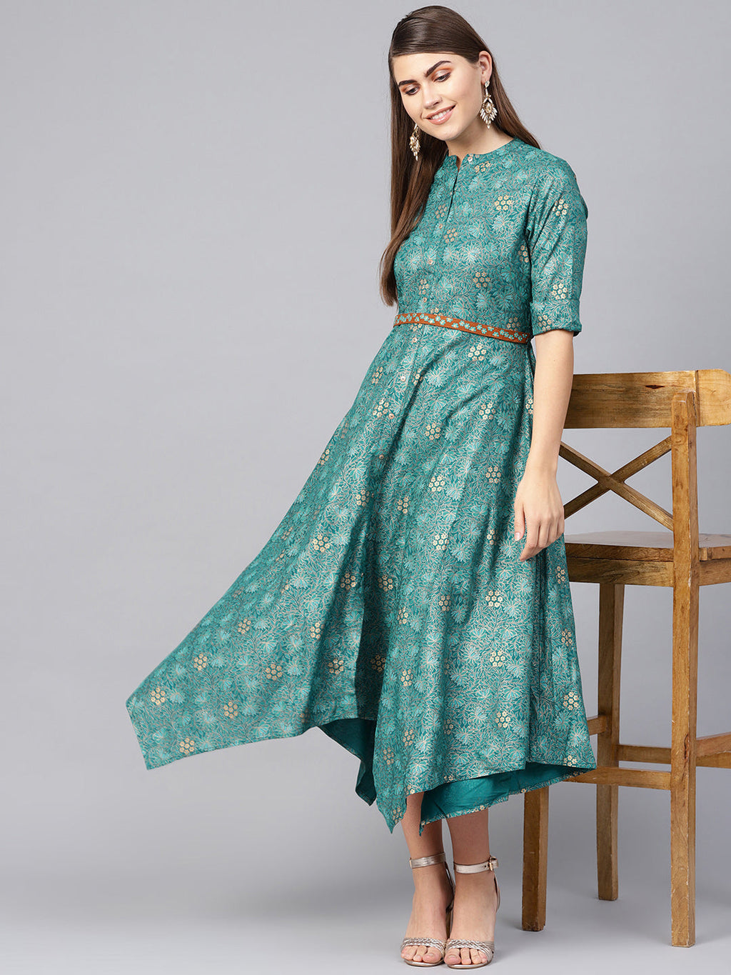 Juniper Women Teal Rayon Printed Asymmetric Dress | Grocsy