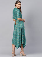 Juniper Women Teal Rayon Printed Asymmetric Dress | Grocsy