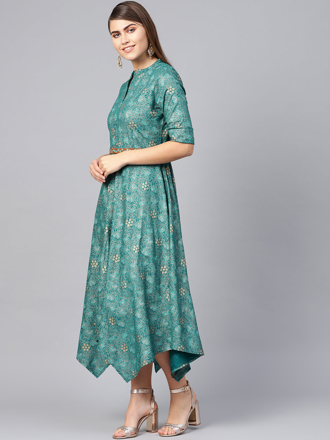 Juniper Women Teal Rayon Printed Asymmetric Dress | Grocsy