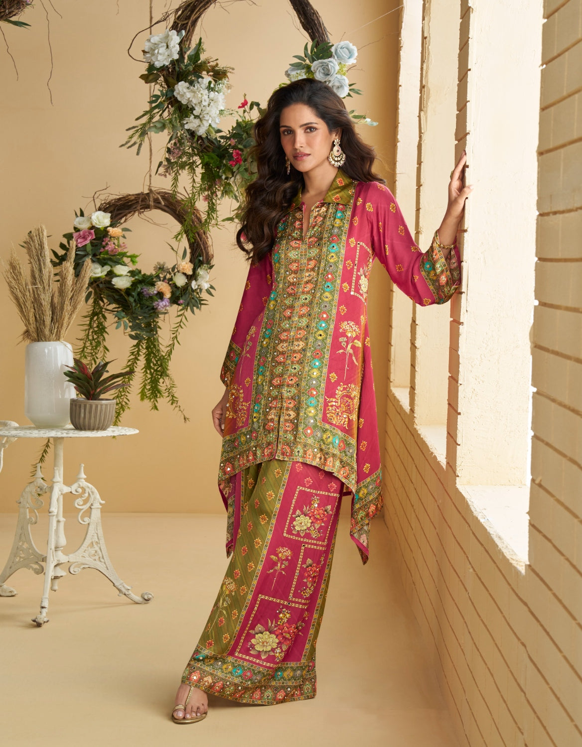 Anaita Magenta Real Premium Digital Crepe Silk Readymade Cord Set With Mirror Work | Grocsy
