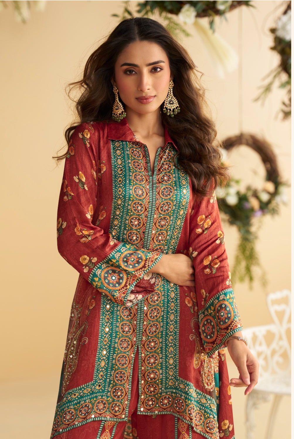 Anaita Red Real Premium Digital Crepe Silk Readymade Cord Set With Mirror Work | Grocsy
