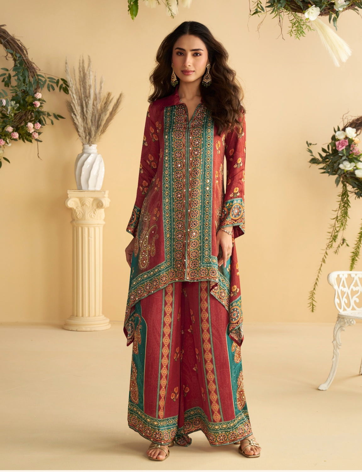 Anaita Red Real Premium Digital Crepe Silk Readymade Cord Set With Mirror Work | Grocsy