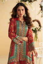 Anaita Red Real Premium Digital Crepe Silk Readymade Cord Set With Mirror Work | Grocsy