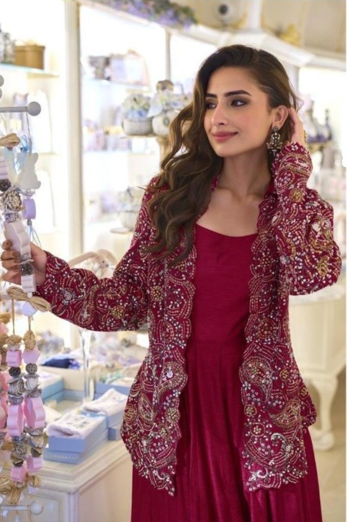 Anaita Maroon Silk Stitched Suit With Embroidery Work | Grocsy