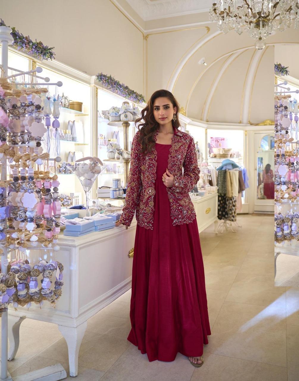 Anaita Maroon Silk Stitched Suit With Embroidery Work | Grocsy