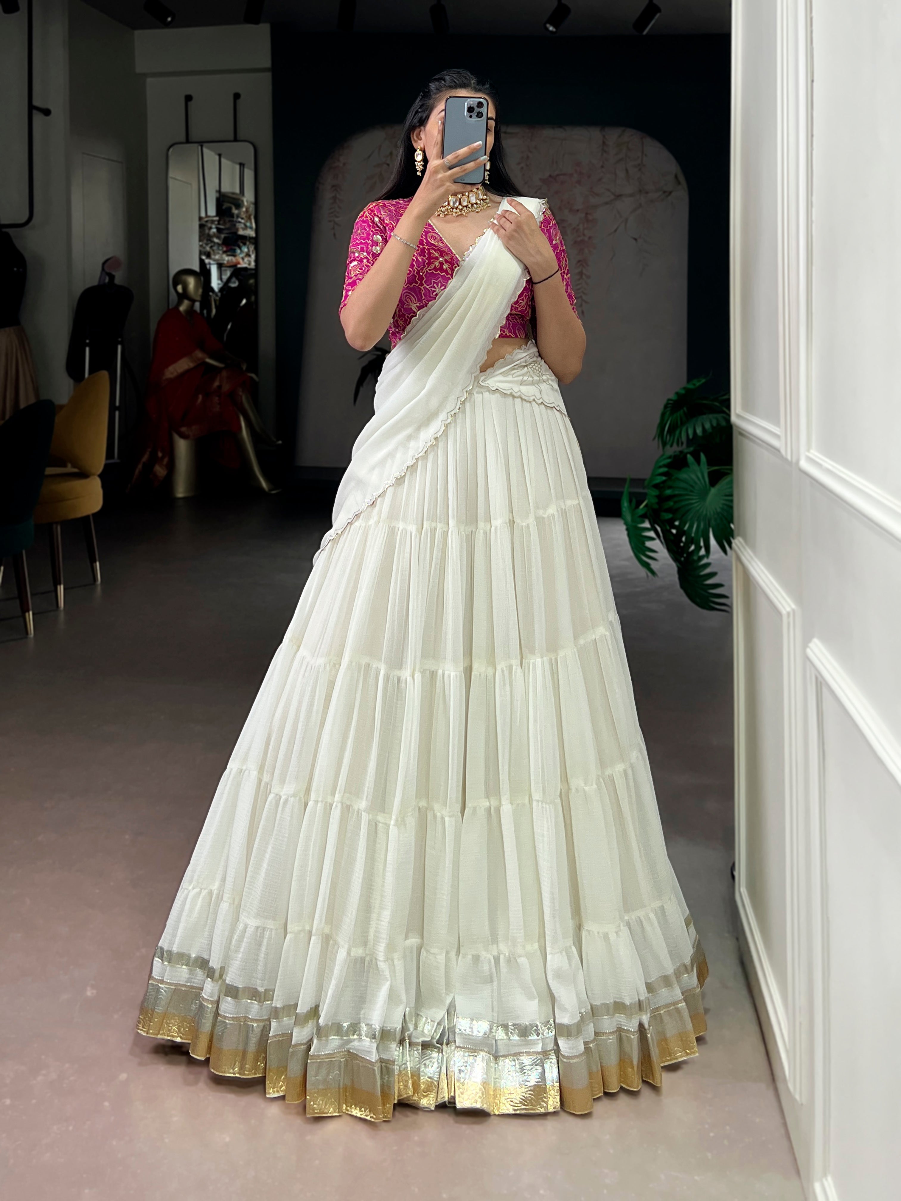 Lorenvalley Fashion White Marbel Fabric with Embossed Design Lace With Gota Patti Touch Up Lehenga Choli with Dupatta | Grocsy