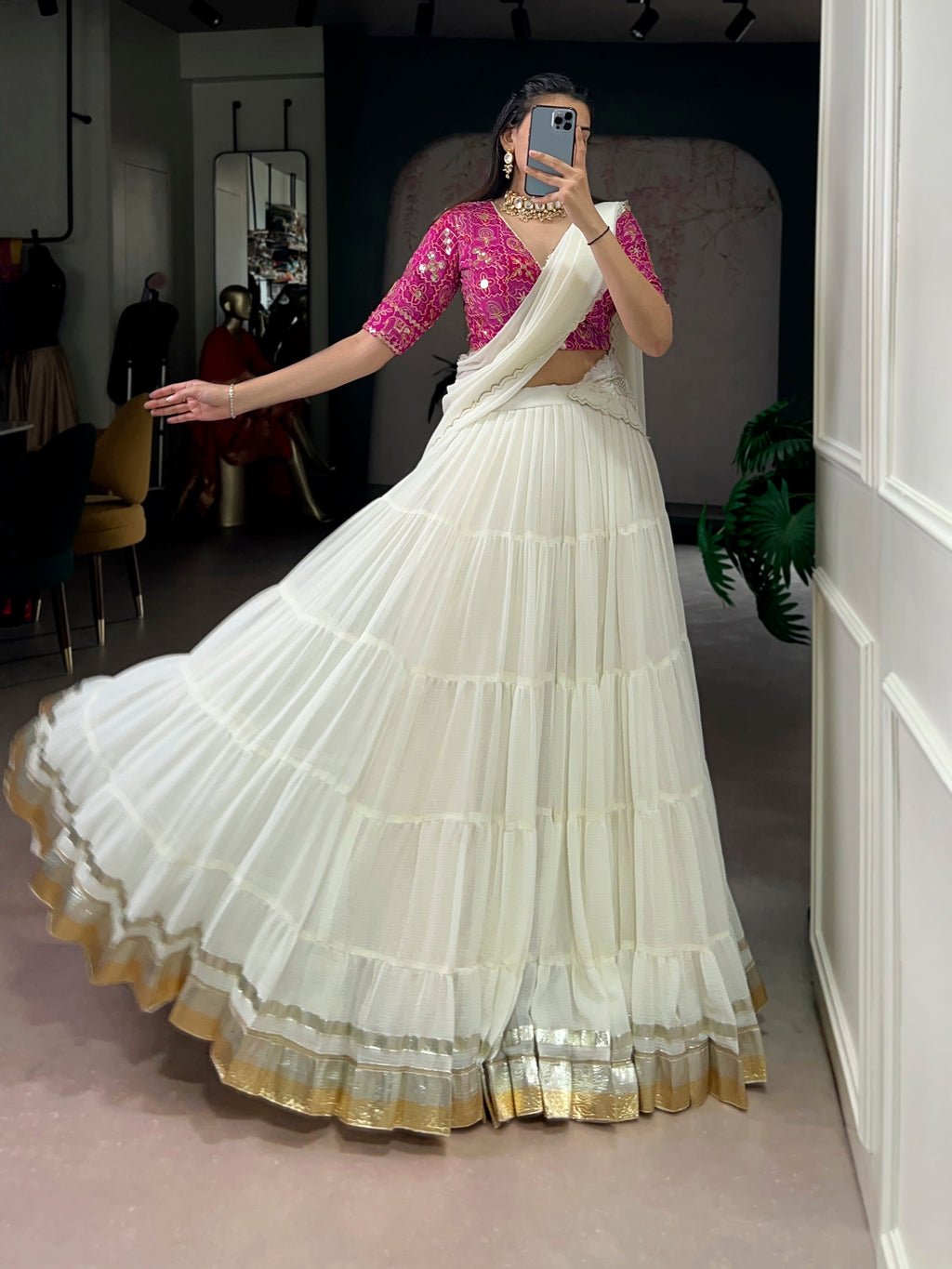 Lorenvalley Fashion White Marbel Fabric with Embossed Design Lace With Gota Patti Touch Up Lehenga Choli with Dupatta | Grocsy