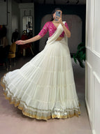 Lorenvalley Fashion White Marbel Fabric with Embossed Design Lace With Gota Patti Touch Up Lehenga Choli with Dupatta | Grocsy